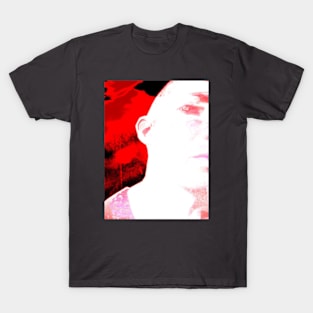 Portrait, digital collage and special processing. Hard situation, but men looking on us. Beautiful. Bright red. Like from anime. T-Shirt